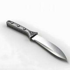 Ornate silver knife with white background.