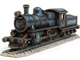Obraz premium Detailed model of a vintage steam locomotive. A detailed miniature steam train, with a weathered blue and bronze finish, sits on a track base