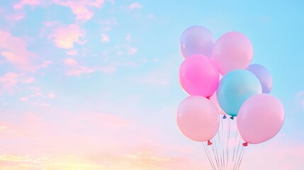 Fototapeta premium Pastel Balloons in Sky: A cluster of pastel-colored balloons floats against a serene, sunset sky, creating a dreamy and whimsical scene.