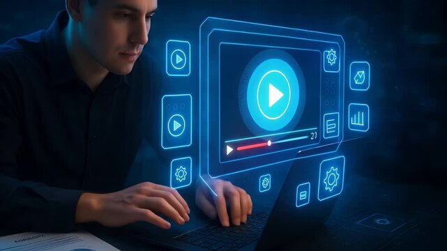 Man Working on Laptop with Glowing Multimedia Interface Featuring Play Button, Progress Bar, and Interactive Icons


