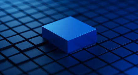 A striking blue cube sits atop a textured grid, a modern design with a bold color contrast.