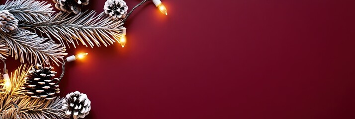 Obraz premium photo of silver christmas string lights with tree branches and pine cones isolated on solid burgundy background 