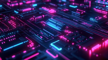 Obraz premium Futuristic circuit board with glowing neon lights. Conceptual technology background with motherboard and processor. Artificial intelligence and computing hardware.