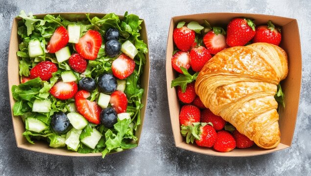 Two takeout boxes, one with fresh salad and the other with croissant and strawberries