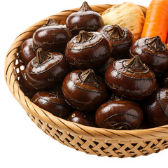 Group of raw water chestnuts with shiny brown outer skin, arranged naturally on transparent...