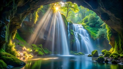 Sunlit Waterfall in Lush Cave