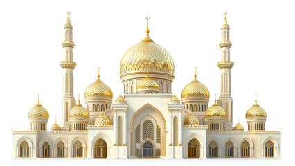 Obraz premium Golden Islamic Mosque with Domes and Minarets – Ornate Middle Eastern Architecture Isolated on Transparent Background