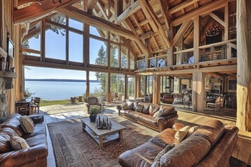 Fototapeta premium Spacious lakefront lodge interior