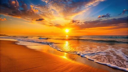 A sunny day at the beach with a bright orange sunrise, warm, beach,  warm