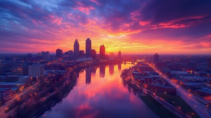 Fototapeta premium Modern and historic buildings of Columbus, Ohio along the riverbank during golden hour 