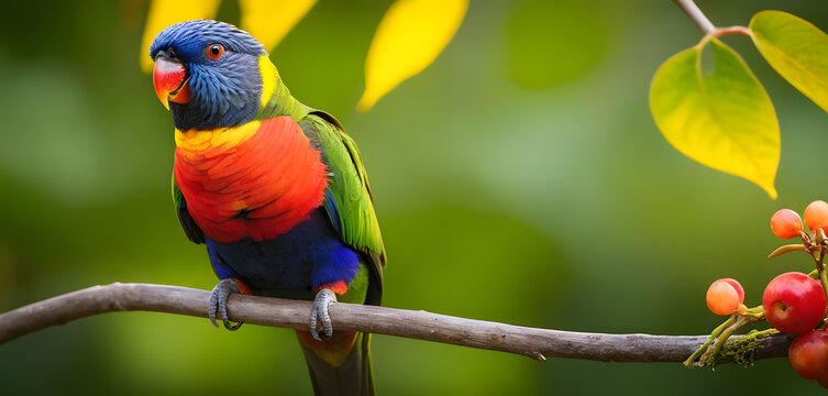 rainbow lorikeet on branch stunning rainbow lorikeet perched on a branch surrounded by lush foliage and berries. Ideal for wildlife websites, exotic bird blogs, colorful animal photo collections, and
