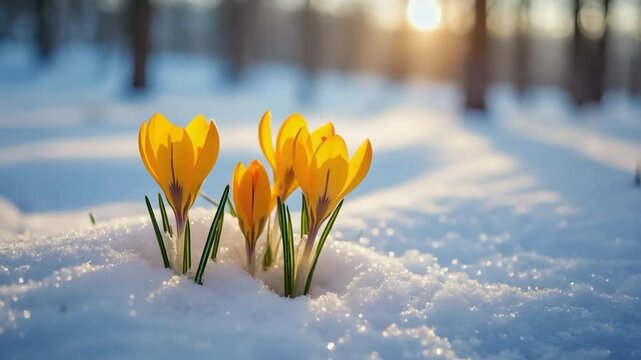 Spring crocus flowers in snow