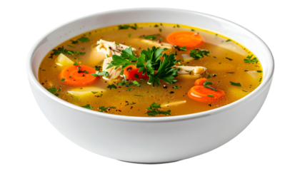Chicken Soup Recipe: Simple Broth with Carrots, Potatoes, and Parsley, Transparent Background