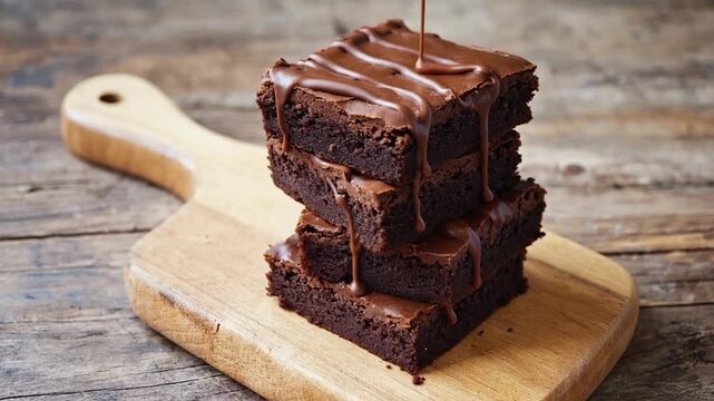 Stacked chocolate brownies on wooden cutting board dessert food photography