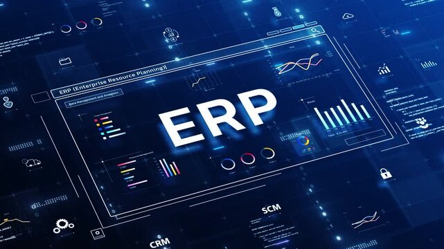ERP Enterprise Resource Planning software technology concept for business organization management, data system analysis on dark blue background.