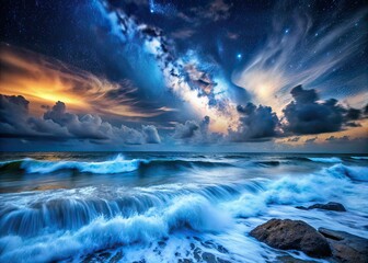 Fototapeta premium Starry Night Ocean Waves, Long Exposure, Dark Sky, Clouds, Dramatic