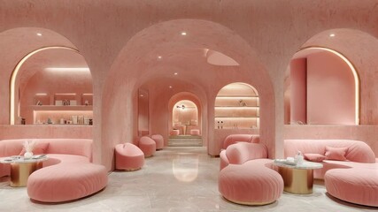 A modern, stylish interior of a pastel pink lounge with curved arches and cozy seating areas.