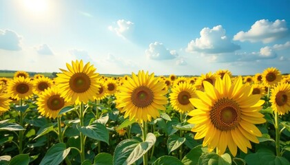 Obraz premium Vast field of vibrant sunflowers blooming under a bright summer sky , rural, sunny