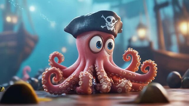 Playful pirate octopus with expressive eyes sits atop wooden deck.
