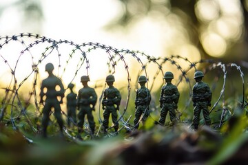 Military figures behind barbed wire at sunrise
