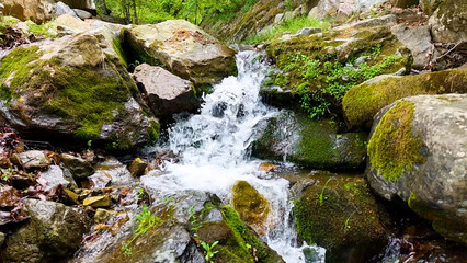 Valley for Summer Vacation ,Slow Motion ,Clear Stream flowing over rocks and rocks ,Rich Valley in slow motion ,Crystal clear water spills over rocks ,Silent natural scene