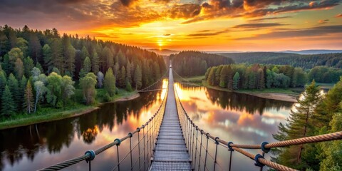 Obraz premium A scenic suspension bridge with rope elements, suspended high above a Russian forest landscape at sunset, wilderness