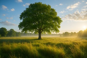 The single tree in the green field,the blue sky, a clean sunlight with clear sky,a beautiful natural view, amazing environment of the jungle 
