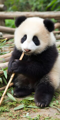 Obraz premium Adorable Baby Panda Munching on Bamboo in Lush Greenery