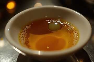 Small, white bowl of golden, oily liquid with a sphere of lighter liquid.  Surface tension shows bubbles
