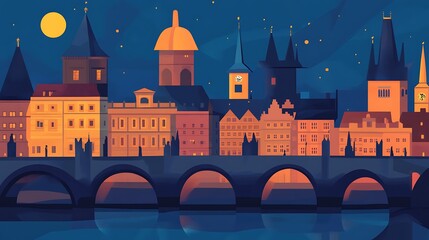 Prague Night Skyline with Bridge, and River.