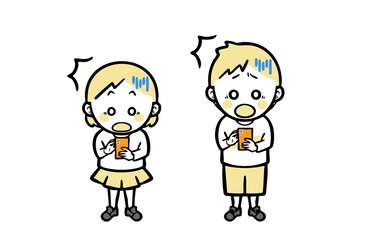 焦りながらスマホ操作する、普段着の男女の子ども