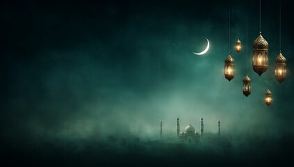 Ramadan Night Scene Mosque Crescent Moon Lanterns Festive Islamic Celebration