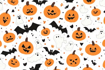 Fototapeta premium Halloween themed pattern featuring pumpkins ghosts and bats on a white background repeat design