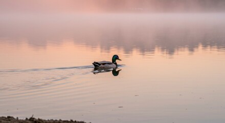 Fototapeta premium Misty morning lake with duck
