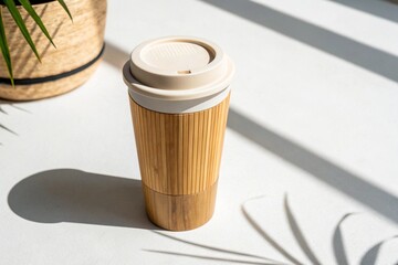 Reusable Bamboo Coffee Cup on White Background
