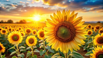 Obraz premium Sunflower Field Depth of Field AI Photo, Beautiful Landscape, Artistic Photography, Nature Scene