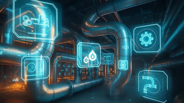 Futuristic Industrial Pipe System with Glowing Fluid and Valve Icons Representing Smart Factory Flow Control and Engineering

