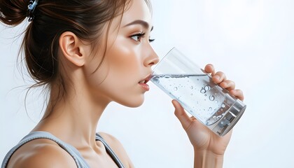 Beautiful healthy glowing skin healthy woman drinking pure water from glass to staying hydrated - drinking more or plenty of water is crucial and benefit for health