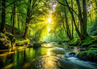 Obraz premium Sunlight Streams Through Lush Forest on River Silhouette