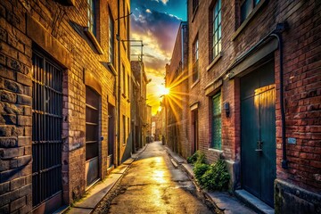 Fototapeta premium Sunlit Empty Alley Silhouette - Aged Buildings