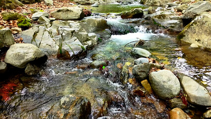 Valley for Summer Vacation ,Slow Motion ,Clear Stream flowing over rocks and rocks ,Rich Valley in slow motion ,Crystal clear water spills over rocks ,Silent natural scene ,Silent flowing riverbed