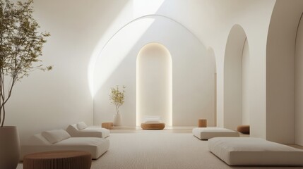 Minimalist interior in bright room, spacious design with soft textures, serene atmosphere perfect for relaxation or meditation.