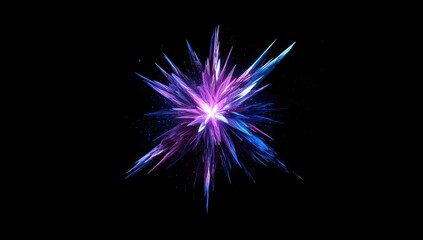 Fototapeta premium Abstract, vibrant burst of purple and blue radiating outward from a central point, against a black background. A dynamic, energetic explosion of color