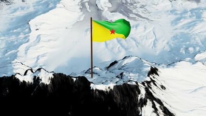 3D rendering of French Guiana's flag, featuring a green and yellow diagonal bicolor with a red five-pointed star at the center, gracefully waving atop a snow-covered mountain peak, symbolizing regiona