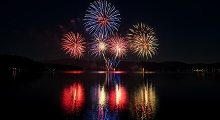 Vibrant Fireworks Display Reflected on Calm Water