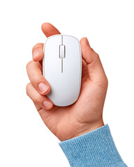 A Person's Hand Holding a Wireless White Computer Mouse isolated on transparent background