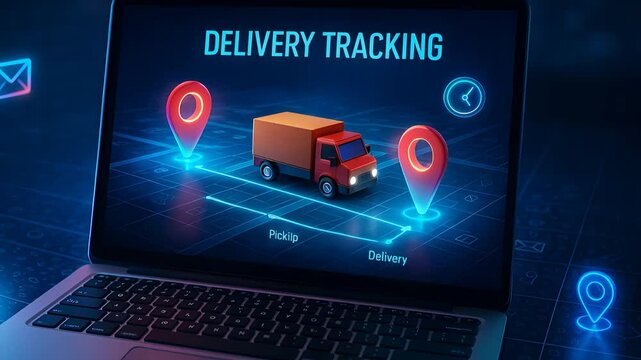 Laptop Showing Delivery Tracking Interface with Red Truck and Location Pins Representing Real-Time Logistics and Route Monitoring

