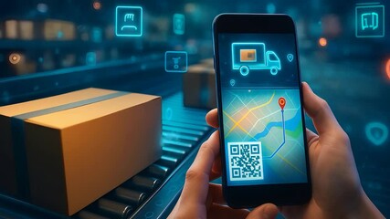 Smartphone Tracking Package Delivery with Digital Map and QR Code on Conveyor Belt Representing Logistics and Parcel Monitoring

 - Powered by Adobe