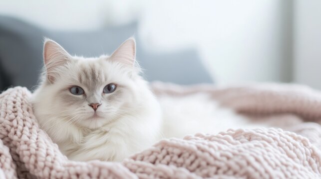Fluffy white cat lounging, adorable feline relaxing on soft blanket in cozy room, perfect for pet-themed content.