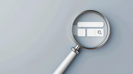 Minimalist white search bar with magnifying glass icon on clean gray background, copy space for text. Modern web design, user interface, digital technology and online search concept.
